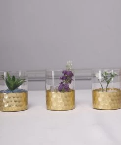 HIER_4810 3 Pack | 4" Glass Cylinder Vases With Gold Honeycomb Base | Glass Candle Holders