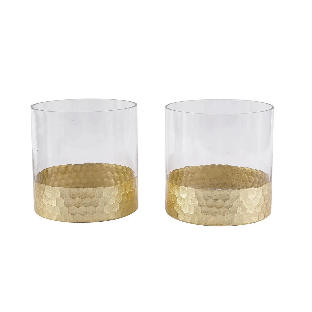 HIER_4810 Chargers & Centerpieces 2 Pack | 6" Glass Cylinder Vases With Gold Honeycomb Base | Glass Candle Holders 12 HIER_4810 Chargers & Centerpieces 2 Pack | 6" Glass Cylinder Vases With Gold Honeycomb Base | Glass Candle Holders