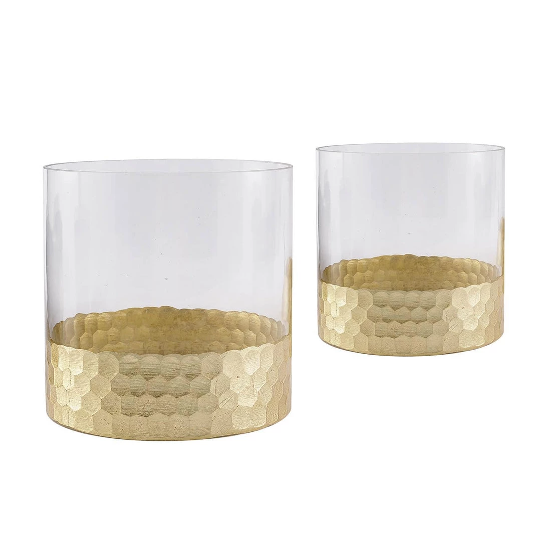 HIER_4810 Chargers & Centerpieces 2 Pack | 6" Glass Cylinder Vases With Gold Honeycomb Base | Glass Candle Holders 14 HIER_4810 Chargers & Centerpieces 2 Pack | 6" Glass Cylinder Vases With Gold Honeycomb Base | Glass Candle Holders