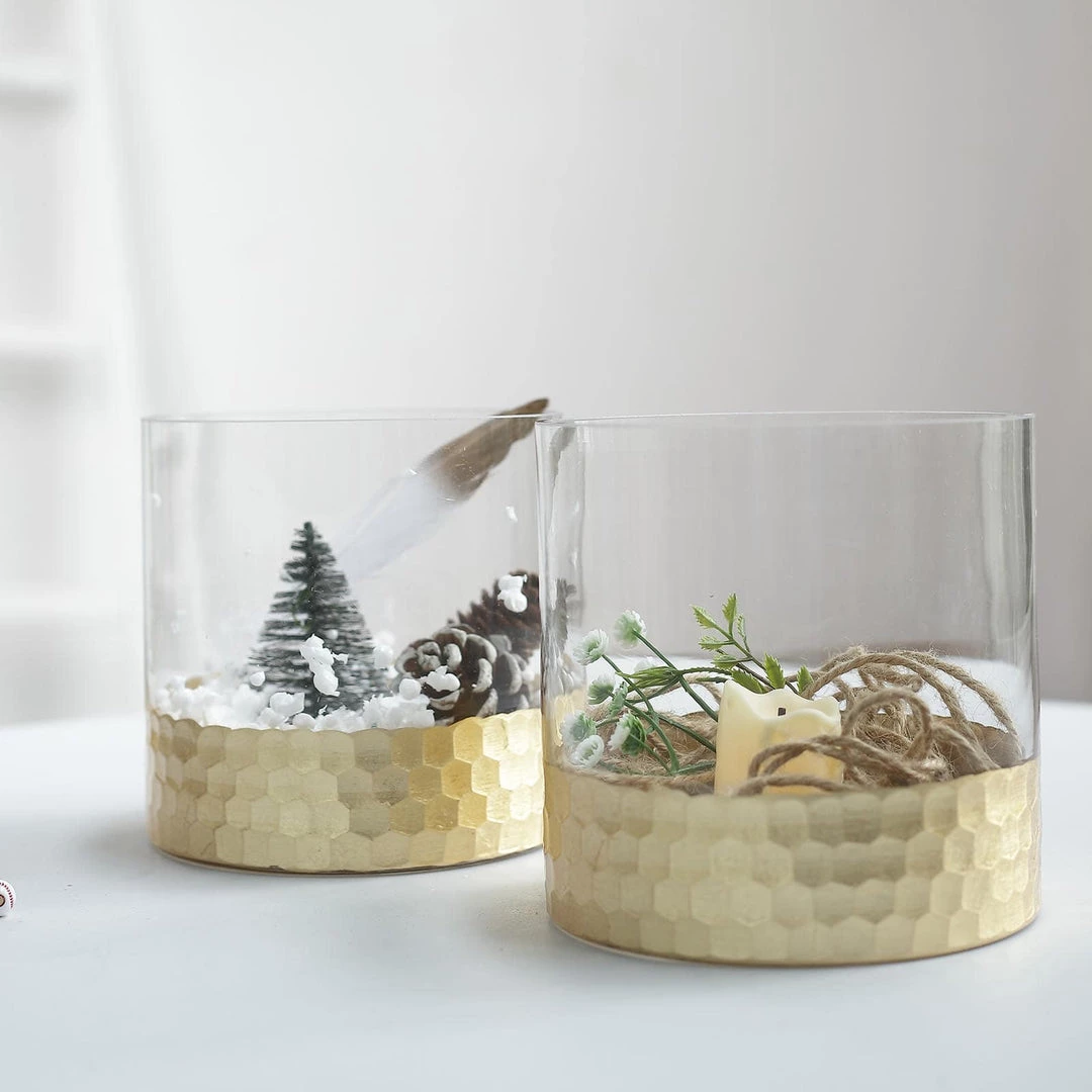 HIER_4810 Chargers & Centerpieces 2 Pack | 6" Glass Cylinder Vases With Gold Honeycomb Base | Glass Candle Holders 7 HIER_4810 Chargers & Centerpieces 2 Pack | 6" Glass Cylinder Vases With Gold Honeycomb Base | Glass Candle Holders