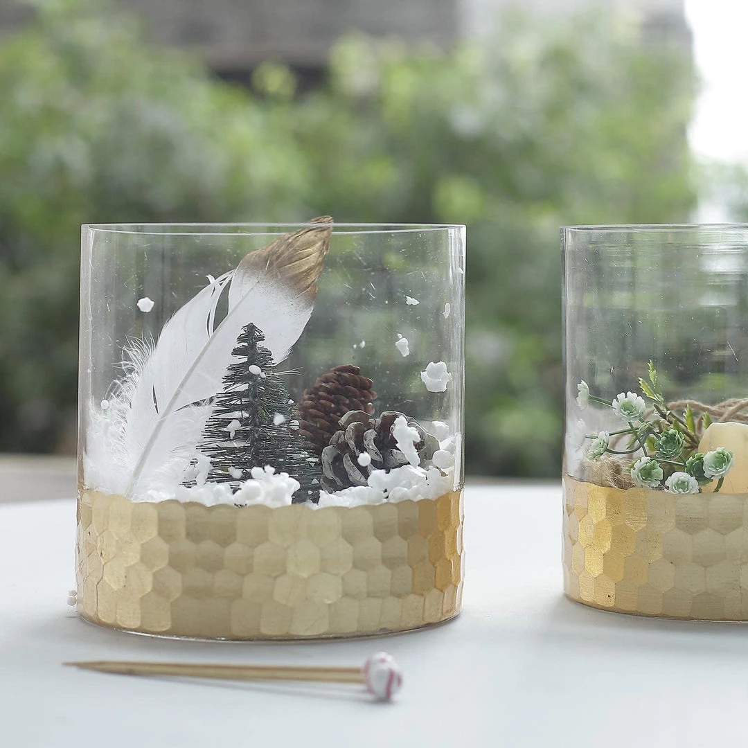 HIER_4810 Chargers & Centerpieces 2 Pack | 6" Glass Cylinder Vases With Gold Honeycomb Base | Glass Candle Holders 8 HIER_4810 Chargers & Centerpieces 2 Pack | 6" Glass Cylinder Vases With Gold Honeycomb Base | Glass Candle Holders