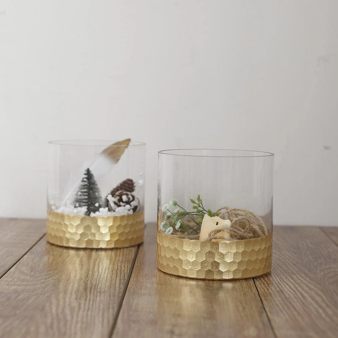 HIER_4810 Chargers & Centerpieces 2 Pack | 6" Glass Cylinder Vases With Gold Honeycomb Base | Glass Candle Holders 9 HIER_4810 Chargers & Centerpieces 2 Pack | 6" Glass Cylinder Vases With Gold Honeycomb Base | Glass Candle Holders
