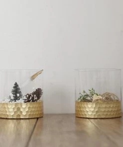 HIER_4810 Chargers & Centerpieces 2 Pack | 6" Glass Cylinder Vases With Gold Honeycomb Base | Glass Candle Holders 20 HIER_4810 Chargers & Centerpieces 2 Pack | 6