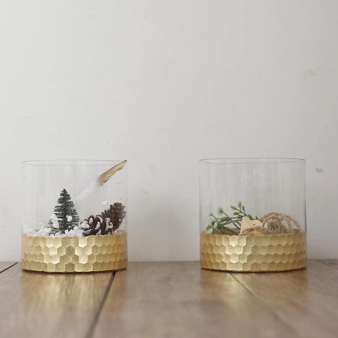 HIER_4810 Chargers & Centerpieces 2 Pack | 6" Glass Cylinder Vases With Gold Honeycomb Base | Glass Candle Holders 6 HIER_4810 Chargers & Centerpieces 2 Pack | 6" Glass Cylinder Vases With Gold Honeycomb Base | Glass Candle Holders