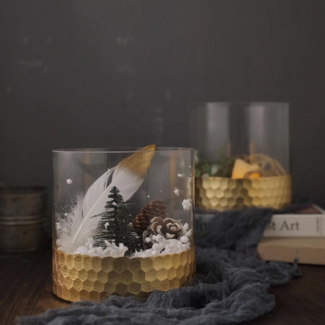 HIER_4810 Chargers & Centerpieces 2 Pack | 6" Glass Cylinder Vases With Gold Honeycomb Base | Glass Candle Holders 10 HIER_4810 Chargers & Centerpieces 2 Pack | 6" Glass Cylinder Vases With Gold Honeycomb Base | Glass Candle Holders