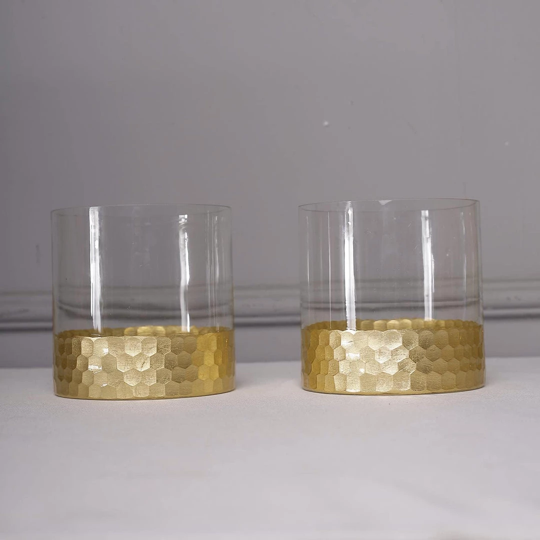 HIER_4810 Chargers & Centerpieces 2 Pack | 6" Glass Cylinder Vases With Gold Honeycomb Base | Glass Candle Holders 11 HIER_4810 Chargers & Centerpieces 2 Pack | 6" Glass Cylinder Vases With Gold Honeycomb Base | Glass Candle Holders