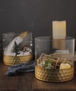 HIER_4810 Chargers & Centerpieces 2 Pack | 6" Glass Cylinder Vases With Gold Honeycomb Base | Glass Candle Holders