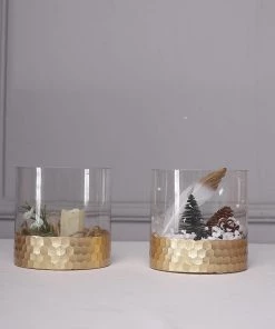 HIER_4810 Chargers & Centerpieces 2 Pack | 6" Glass Cylinder Vases With Gold Honeycomb Base | Glass Candle Holders
