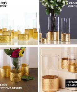 HIER_4810 Chargers & Centerpieces 2 Pack | 6" Glass Cylinder Vases With Gold Honeycomb Base | Glass Candle Holders 18 HIER_4810 Chargers & Centerpieces 2 Pack | 6
