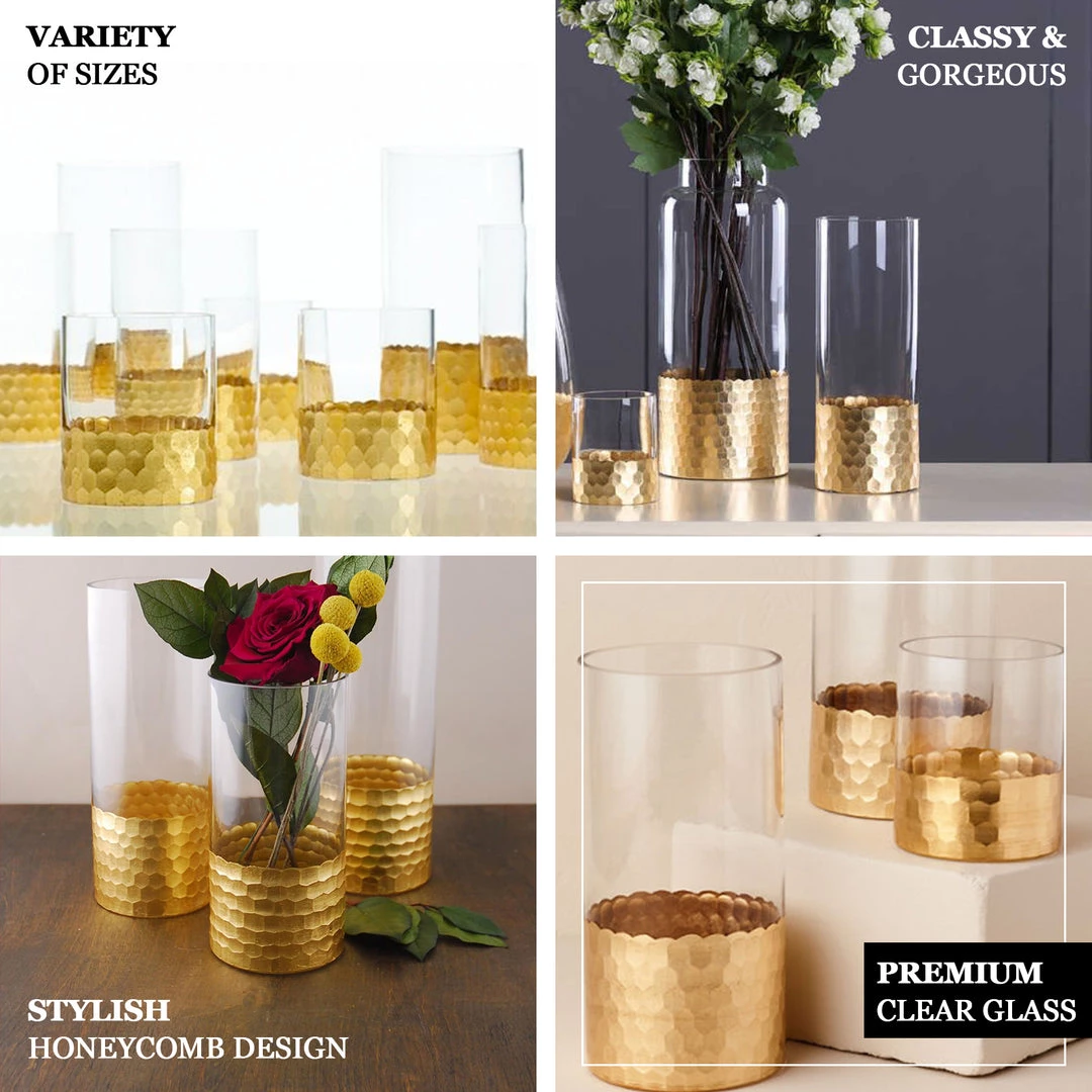 HIER_4810 Chargers & Centerpieces Set Of 3 | Glass Cylinder Vases With Gold Honeycomb Base | Glass Candle Holders | 6" | 8" | 10" 4 HIER_4810 Chargers & Centerpieces Set Of 3 | Glass Cylinder Vases With Gold Honeycomb Base | Glass Candle Holders | 6" | 8" | 10"