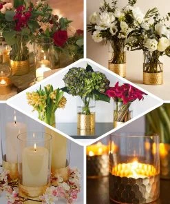 HIER_4810 Chargers & Centerpieces 2 Pack | 6" Glass Cylinder Vases With Gold Honeycomb Base | Glass Candle Holders 19 HIER_4810 Chargers & Centerpieces 2 Pack | 6