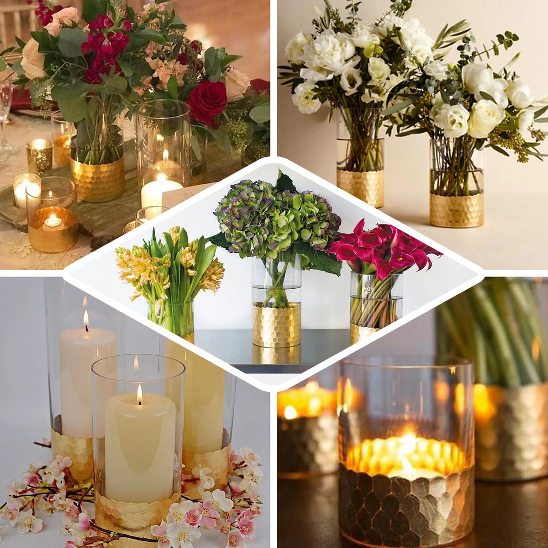 HIER_4810 Chargers & Centerpieces 2 Pack | 6" Glass Cylinder Vases With Gold Honeycomb Base | Glass Candle Holders 5 HIER_4810 Chargers & Centerpieces 2 Pack | 6" Glass Cylinder Vases With Gold Honeycomb Base | Glass Candle Holders