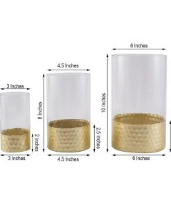 HIER_4810 Chargers & Centerpieces Set Of 3 | Glass Cylinder Vases With Gold Honeycomb Base | Glass Candle Holders | 6" | 8" | 10" 17 HIER_4810 Chargers & Centerpieces Set Of 3 | Glass Cylinder Vases With Gold Honeycomb Base | Glass Candle Holders | 6