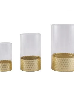 HIER_4810 Chargers & Centerpieces Set Of 3 | Glass Cylinder Vases With Gold Honeycomb Base | Glass Candle Holders | 6" | 8" | 10" 25 HIER_4810 Chargers & Centerpieces Set Of 3 | Glass Cylinder Vases With Gold Honeycomb Base | Glass Candle Holders | 6