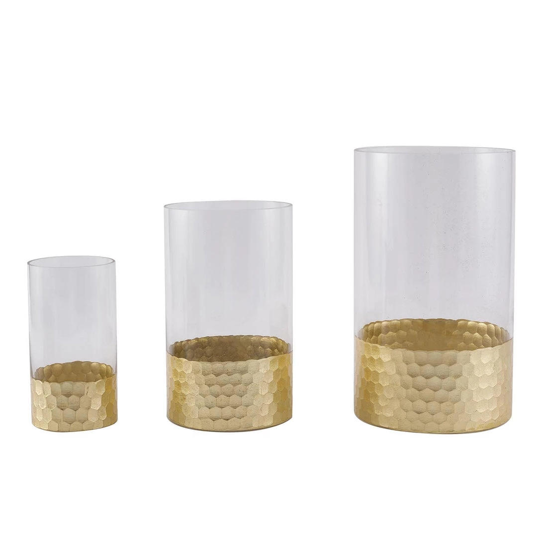HIER_4810 Chargers & Centerpieces Set Of 3 | Glass Cylinder Vases With Gold Honeycomb Base | Glass Candle Holders | 6" | 8" | 10" 11 HIER_4810 Chargers & Centerpieces Set Of 3 | Glass Cylinder Vases With Gold Honeycomb Base | Glass Candle Holders | 6" | 8" | 10"