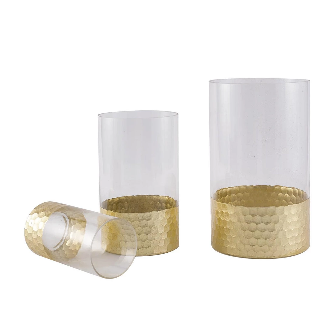 HIER_4810 Chargers & Centerpieces Set Of 3 | Glass Cylinder Vases With Gold Honeycomb Base | Glass Candle Holders | 6" | 8" | 10" 13 HIER_4810 Chargers & Centerpieces Set Of 3 | Glass Cylinder Vases With Gold Honeycomb Base | Glass Candle Holders | 6" | 8" | 10"
