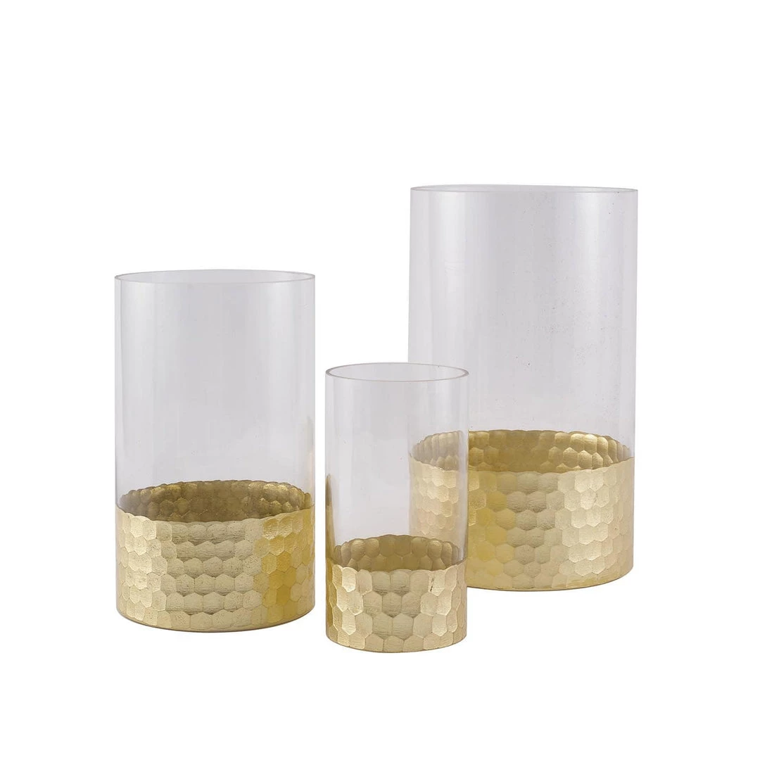HIER_4810 Chargers & Centerpieces Set Of 3 | Glass Cylinder Vases With Gold Honeycomb Base | Glass Candle Holders | 6" | 8" | 10" 14 HIER_4810 Chargers & Centerpieces Set Of 3 | Glass Cylinder Vases With Gold Honeycomb Base | Glass Candle Holders | 6" | 8" | 10"