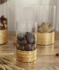 HIER_4810 Chargers & Centerpieces Set Of 3 | Glass Cylinder Vases With Gold Honeycomb Base | Glass Candle Holders | 6" | 8" | 10" 20 HIER_4810 Chargers & Centerpieces Set Of 3 | Glass Cylinder Vases With Gold Honeycomb Base | Glass Candle Holders | 6