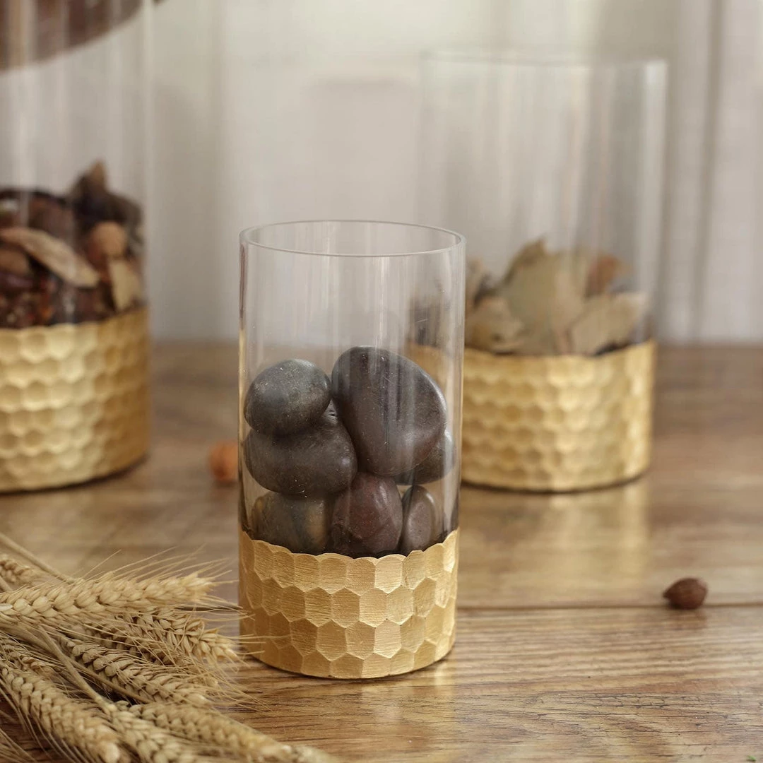 HIER_4810 Chargers & Centerpieces Set Of 3 | Glass Cylinder Vases With Gold Honeycomb Base | Glass Candle Holders | 6" | 8" | 10" 6 HIER_4810 Chargers & Centerpieces Set Of 3 | Glass Cylinder Vases With Gold Honeycomb Base | Glass Candle Holders | 6" | 8" | 10"