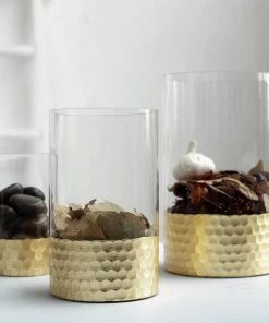 HIER_4810 Chargers & Centerpieces Set Of 3 | Glass Cylinder Vases With Gold Honeycomb Base | Glass Candle Holders | 6" | 8" | 10"