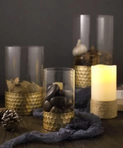 HIER_4810 Chargers & Centerpieces Set Of 3 | Glass Cylinder Vases With Gold Honeycomb Base | Glass Candle Holders | 6" | 8" | 10" 22 HIER_4810 Chargers & Centerpieces Set Of 3 | Glass Cylinder Vases With Gold Honeycomb Base | Glass Candle Holders | 6
