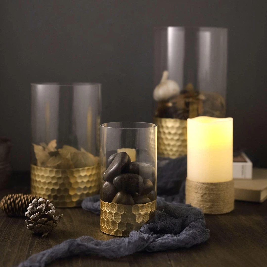HIER_4810 Chargers & Centerpieces Set Of 3 | Glass Cylinder Vases With Gold Honeycomb Base | Glass Candle Holders | 6" | 8" | 10" 8 HIER_4810 Chargers & Centerpieces Set Of 3 | Glass Cylinder Vases With Gold Honeycomb Base | Glass Candle Holders | 6" | 8" | 10"