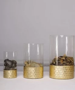 HIER_4810 Chargers & Centerpieces Set Of 3 | Glass Cylinder Vases With Gold Honeycomb Base | Glass Candle Holders | 6" | 8" | 10" 24 HIER_4810 Chargers & Centerpieces Set Of 3 | Glass Cylinder Vases With Gold Honeycomb Base | Glass Candle Holders | 6