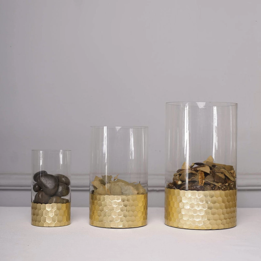 HIER_4810 Chargers & Centerpieces Set Of 3 | Glass Cylinder Vases With Gold Honeycomb Base | Glass Candle Holders | 6" | 8" | 10" 10 HIER_4810 Chargers & Centerpieces Set Of 3 | Glass Cylinder Vases With Gold Honeycomb Base | Glass Candle Holders | 6" | 8" | 10"