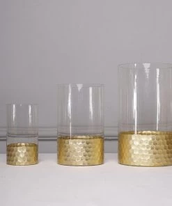 HIER_4810 Chargers & Centerpieces Set Of 3 | Glass Cylinder Vases With Gold Honeycomb Base | Glass Candle Holders | 6" | 8" | 10" 26 HIER_4810 Chargers & Centerpieces Set Of 3 | Glass Cylinder Vases With Gold Honeycomb Base | Glass Candle Holders | 6