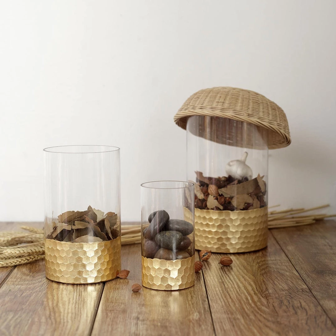 HIER_4810 Chargers & Centerpieces Set Of 3 | Glass Cylinder Vases With Gold Honeycomb Base | Glass Candle Holders | 6" | 8" | 10" 15 HIER_4810 Chargers & Centerpieces Set Of 3 | Glass Cylinder Vases With Gold Honeycomb Base | Glass Candle Holders | 6" | 8" | 10"