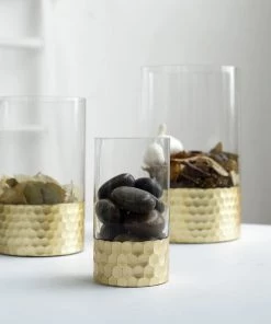 HIER_4810 Chargers & Centerpieces Set Of 3 | Glass Cylinder Vases With Gold Honeycomb Base | Glass Candle Holders | 6" | 8" | 10"