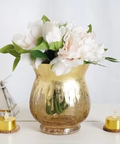 HIER_4810 Set Of 2 | 6" Gold Crackle Glass Hurricane Vase Candle Holder | Floral Vase