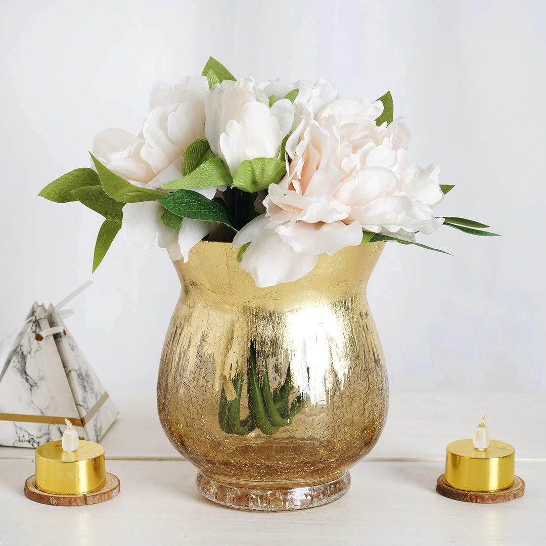 HIER_4810 Set Of 2 | 6" Gold Crackle Glass Hurricane Vase Candle Holder | Floral Vase 1 HIER_4810 Set Of 2 | 6" Gold Crackle Glass Hurricane Vase Candle Holder | Floral Vase