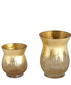 HIER_4810 Set Of 2 | 6" Gold Crackle Glass Hurricane Vase Candle Holder | Floral Vase 20 HIER_4810 Set Of 2 | 6
