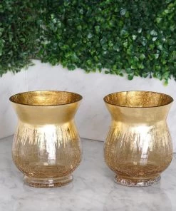 HIER_4810 Set Of 2 | 6" Gold Crackle Glass Hurricane Vase Candle Holder | Floral Vase 21 HIER_4810 Set Of 2 | 6