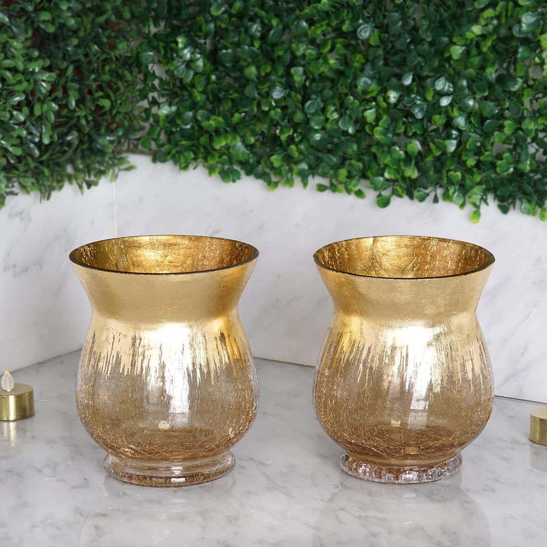 HIER_4810 Set Of 2 | 6" Gold Crackle Glass Hurricane Vase Candle Holder | Floral Vase 10 HIER_4810 Set Of 2 | 6" Gold Crackle Glass Hurricane Vase Candle Holder | Floral Vase