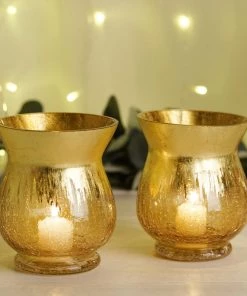 HIER_4810 Set Of 2 | 6" Gold Crackle Glass Hurricane Vase Candle Holder | Floral Vase 19 HIER_4810 Set Of 2 | 6