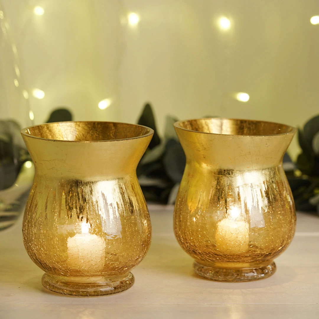 HIER_4810 Set Of 2 | 6" Gold Crackle Glass Hurricane Vase Candle Holder | Floral Vase 8 HIER_4810 Set Of 2 | 6" Gold Crackle Glass Hurricane Vase Candle Holder | Floral Vase