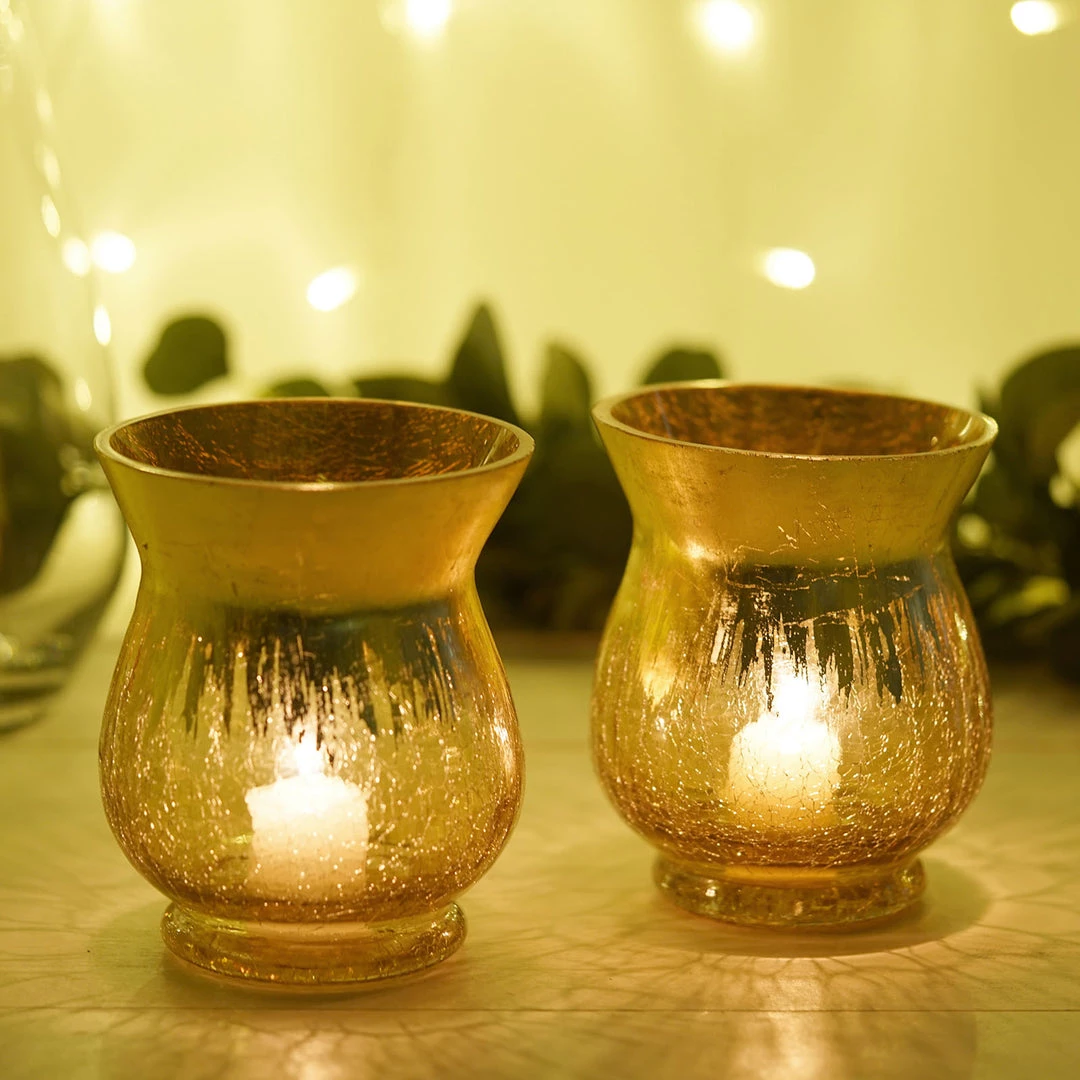 HIER_4810 Set Of 2 | 6" Gold Crackle Glass Hurricane Vase Candle Holder | Floral Vase 6 HIER_4810 Set Of 2 | 6" Gold Crackle Glass Hurricane Vase Candle Holder | Floral Vase