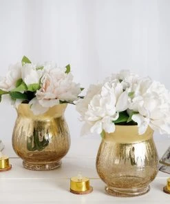 HIER_4810 Set Of 2 | 6" Gold Crackle Glass Hurricane Vase Candle Holder | Floral Vase 18 HIER_4810 Set Of 2 | 6