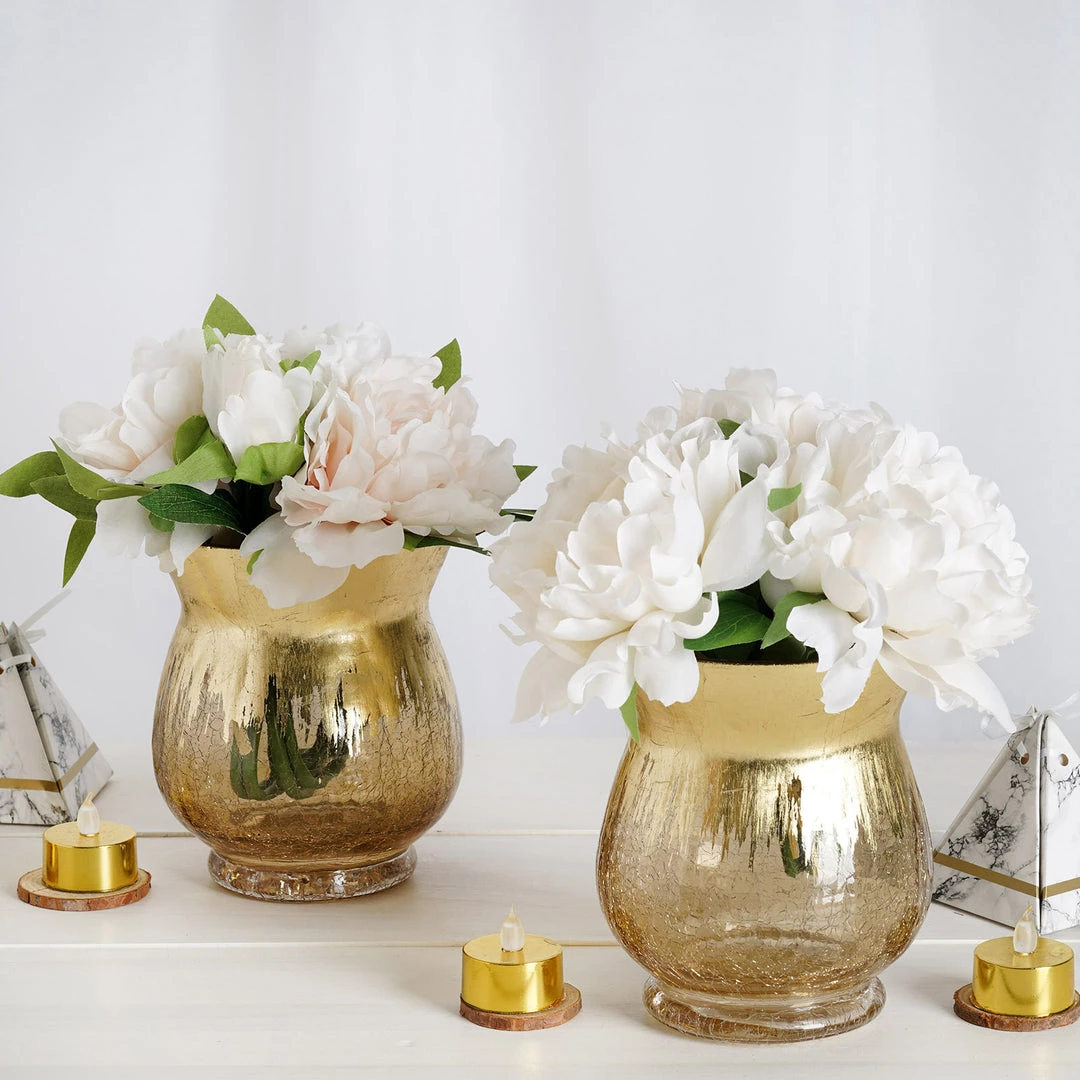 HIER_4810 Set Of 2 | 6" Gold Crackle Glass Hurricane Vase Candle Holder | Floral Vase 7 HIER_4810 Set Of 2 | 6" Gold Crackle Glass Hurricane Vase Candle Holder | Floral Vase
