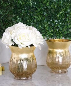 HIER_4810 Set Of 2 | 6" Gold Crackle Glass Hurricane Vase Candle Holder | Floral Vase