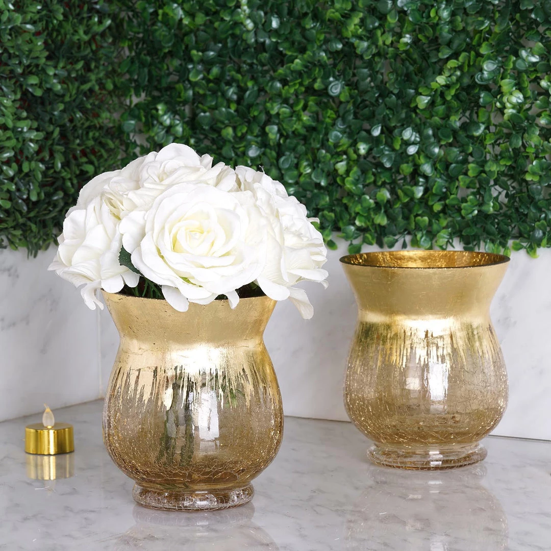 HIER_4810 Set Of 2 | 6" Gold Crackle Glass Hurricane Vase Candle Holder | Floral Vase 2 HIER_4810 Set Of 2 | 6" Gold Crackle Glass Hurricane Vase Candle Holder | Floral Vase
