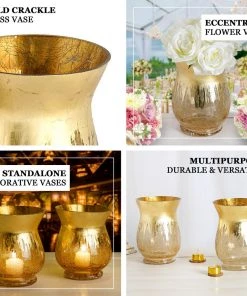 HIER_4810 Set Of 2 | 6" Gold Crackle Glass Hurricane Vase Candle Holder | Floral Vase 15 HIER_4810 Set Of 2 | 6