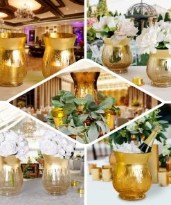 HIER_4810 Set Of 2 | 6" Gold Crackle Glass Hurricane Vase Candle Holder | Floral Vase 16 HIER_4810 Set Of 2 | 6