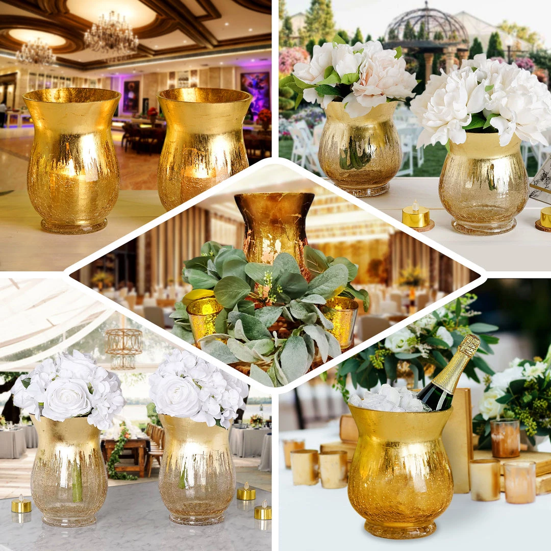 HIER_4810 Set Of 2 | 6" Gold Crackle Glass Hurricane Vase Candle Holder | Floral Vase 5 HIER_4810 Set Of 2 | 6" Gold Crackle Glass Hurricane Vase Candle Holder | Floral Vase