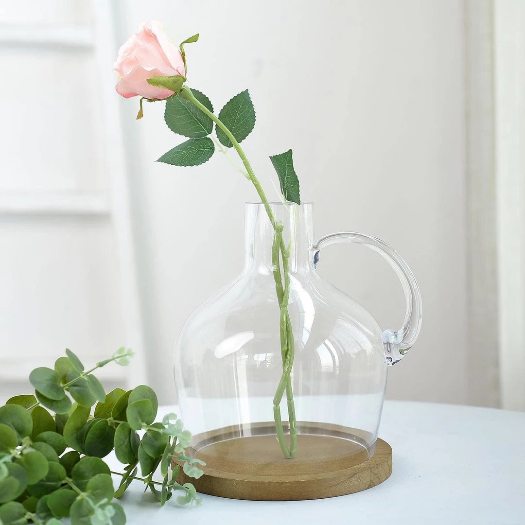HIER_4810 10" Heavy Duty Clear Glass Vases | Candle Holder Centerpiece | Glass Cloche Jar Dome With Wooden Base Chargers & Centerpieces 10 HIER_4810 10" Heavy Duty Clear Glass Vases | Candle Holder Centerpiece | Glass Cloche Jar Dome With Wooden Base Chargers & Centerpieces
