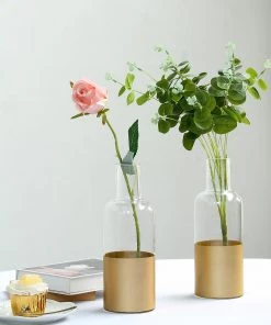 HIER_4810 2 Pack | 10" Gold Dipped Bud Vases | Bottle Vases | Glass Vase Flower Centerpieces