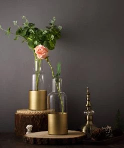 HIER_4810 2 Pack | 10" Gold Dipped Bud Vases | Bottle Vases | Glass Vase Flower Centerpieces