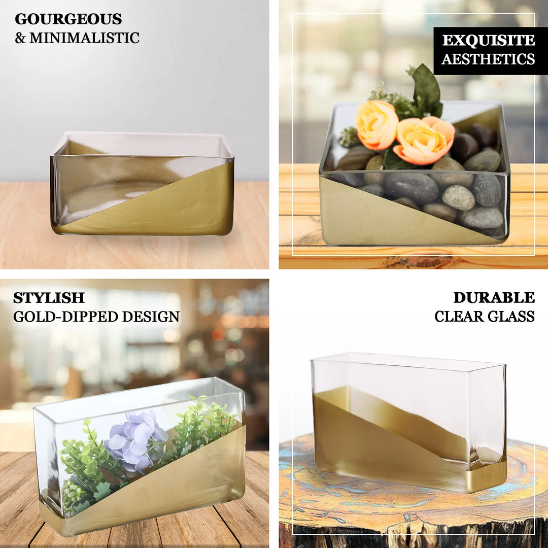 HIER_4810 2 Pack | 6" Gold Dipped Square Glass Vases | Votive Candle Holders 4 HIER_4810 2 Pack | 6" Gold Dipped Square Glass Vases | Votive Candle Holders